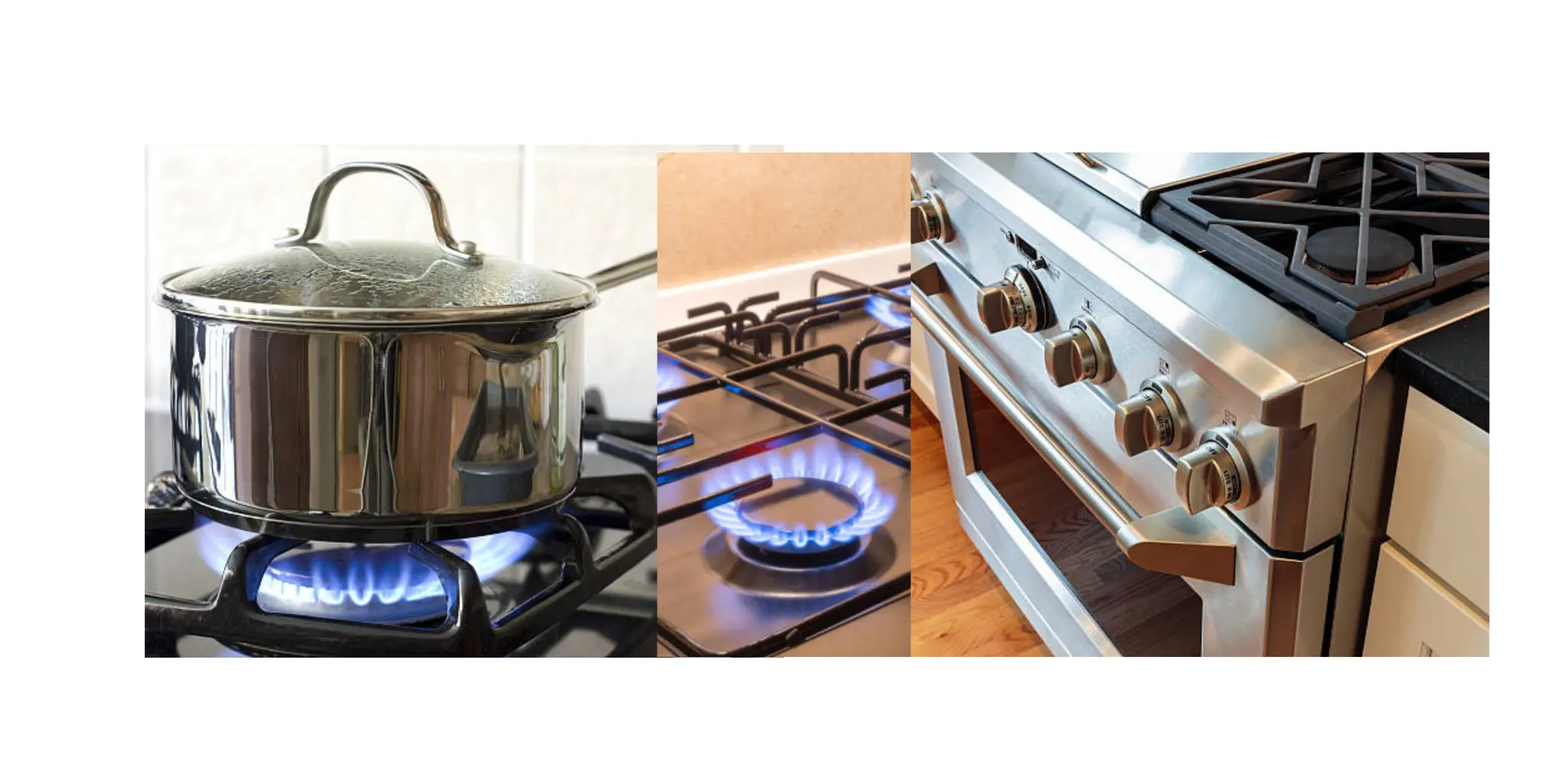 Gas Range with Blue Flames and Stainless Steel Cookware