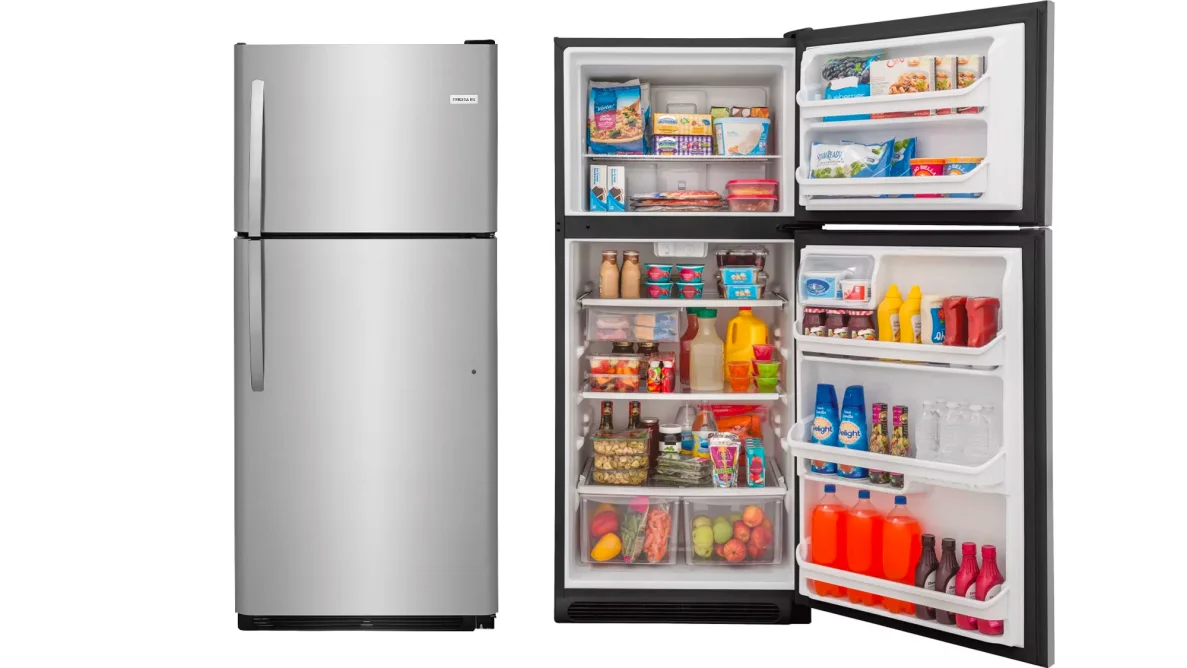 Modern Top-Freezer Refrigerator with Open Door