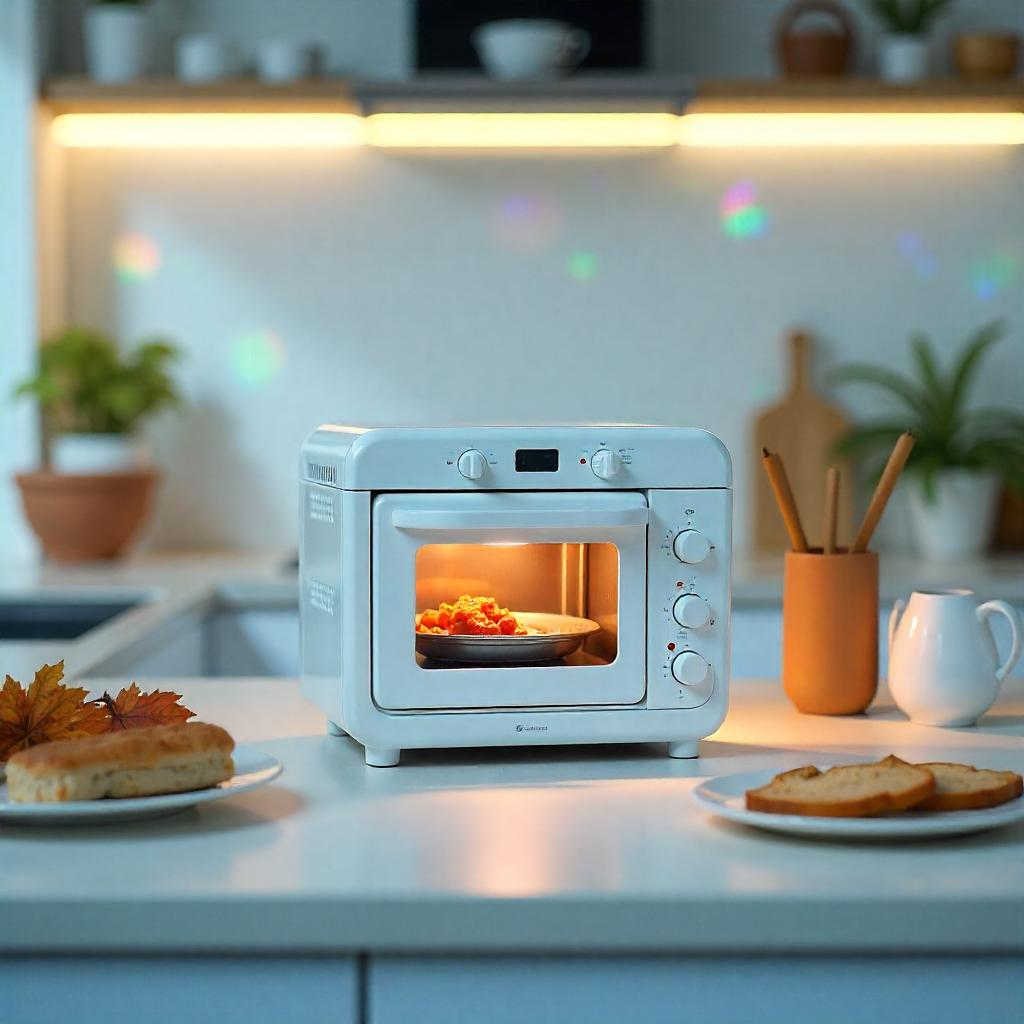 Modern Blue Compact Countertop Oven with Food Inside in a Bright Kitchen Setting with Natural Light